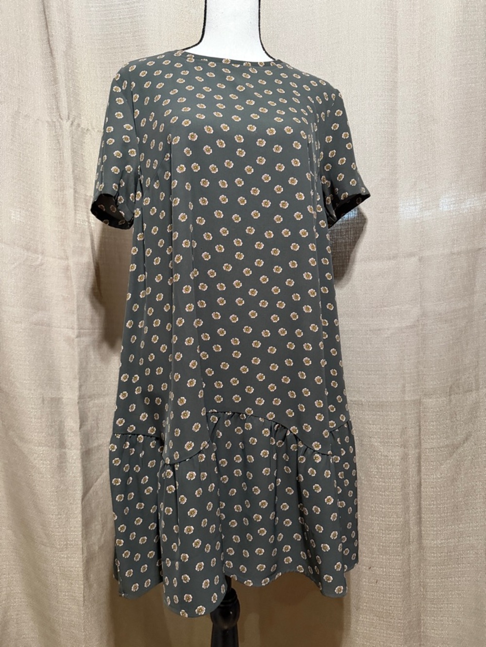 LOFT Olive Green and Brown Mini Dress with Cream Floral Dot Print